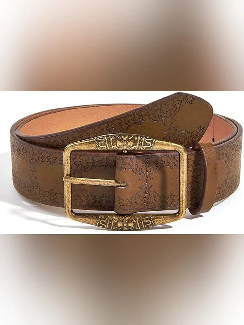 Classic Brown Leather Belt with Ornate Gold Buckle - Men Accessories
